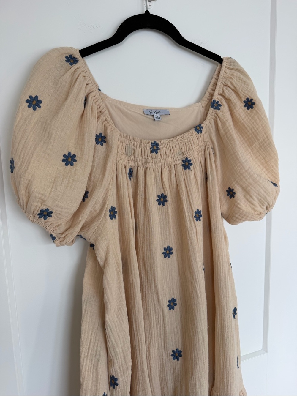POLAGRAM Cream Daisy Embroidered Double Gauze Puff Sleeve Midi Dress Size S - Picture 2 of 4